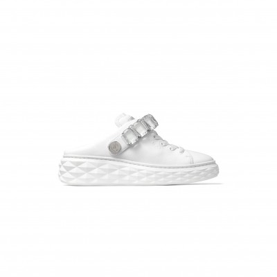 JIMMY CHOO DIAMOND SLING WHITE NAPPA LEATHER SLIPPER TRAINERS WITH CRYSTAL STRAP 
